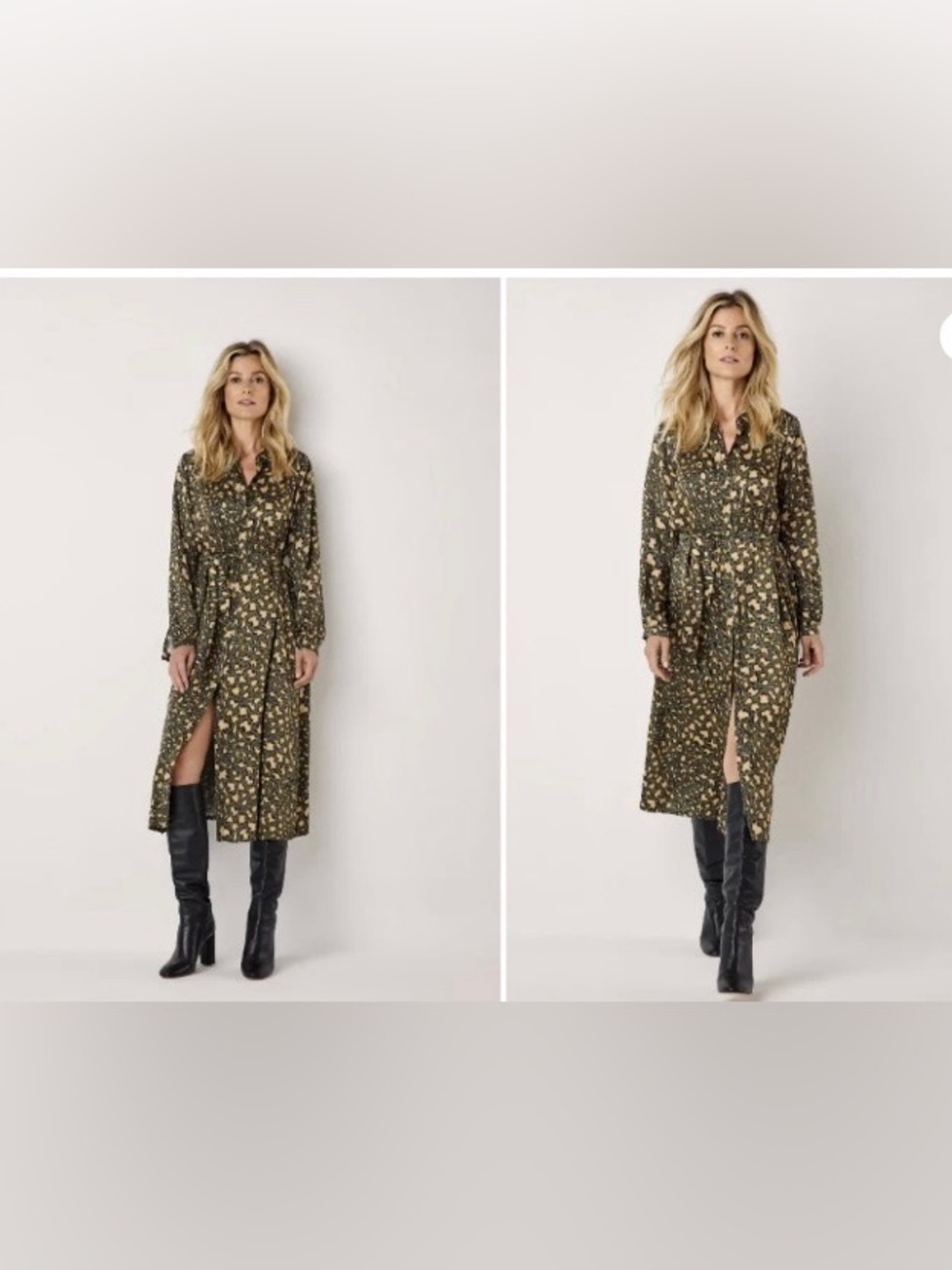 Long Sleeve Green Animal Print Midi Shirt Dress - Picture 2 of 5